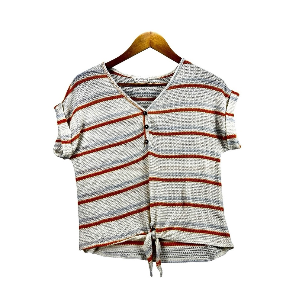 #LOVEWINS Boho Striped Tie Front Knit Top Medium Orange White Cap Sleeve